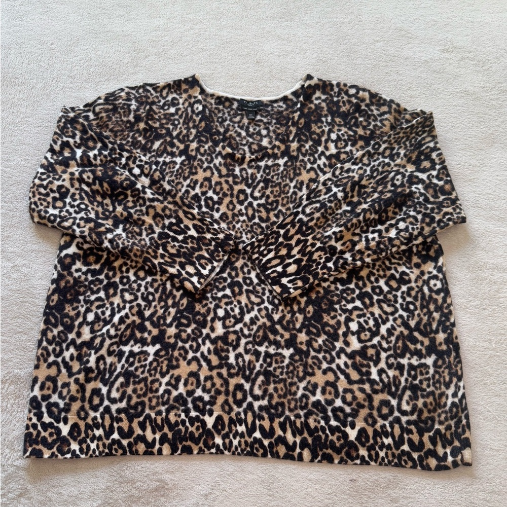 🔥Talbots Women’s Brown Leopard Print V Neck 100% Merino Wool 3/4  Sleeves Sz 3x